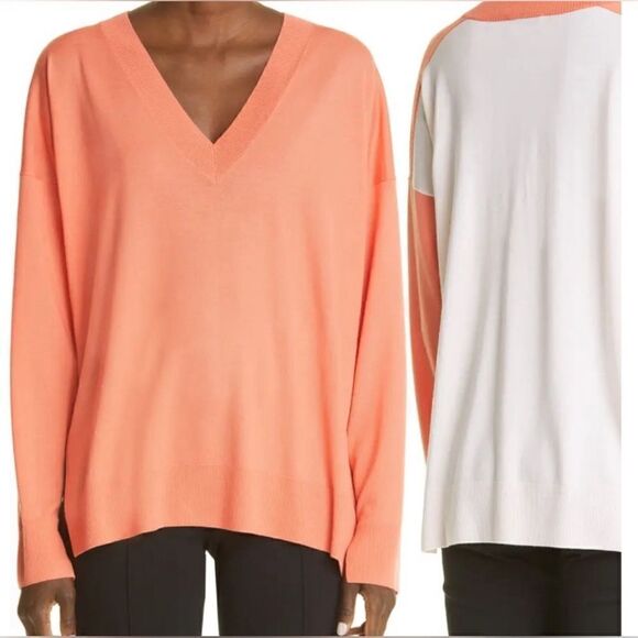 St. John Knits Womens Pink Orange Contrast Back Wool Vneck Sweater Size M - Picture 5 of 9